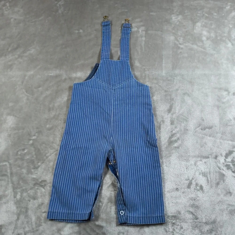Vintage By Thomas Overalls Baby 12M Blue Pinstripe Train Cartoon Made In USA 80s